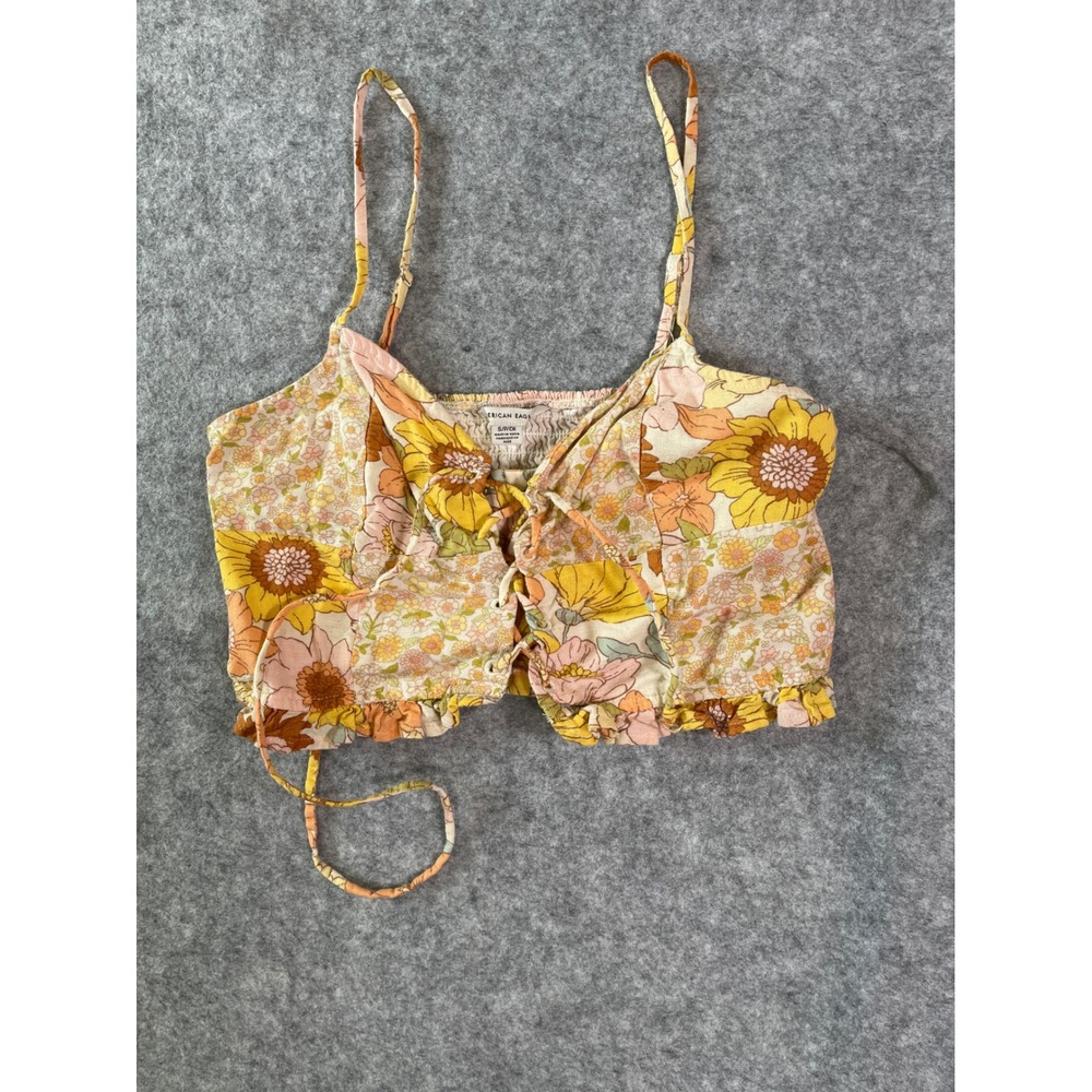 American Eagle Floral Patchwork Crop Top Yellow Orange Boho Lace Up Cami Small